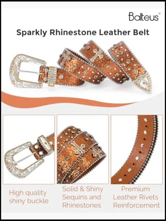 Sparkly Rhinestone Diamond Sequin Studded Belt Faux Leather Western - Picture 4 of 7